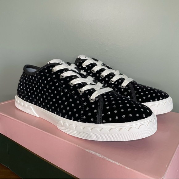 KATE SPADE Vale Black Silver Glitter Dotted Low Top Velvet Sneaker Scalloped 7.5 - Picture 5 of 16